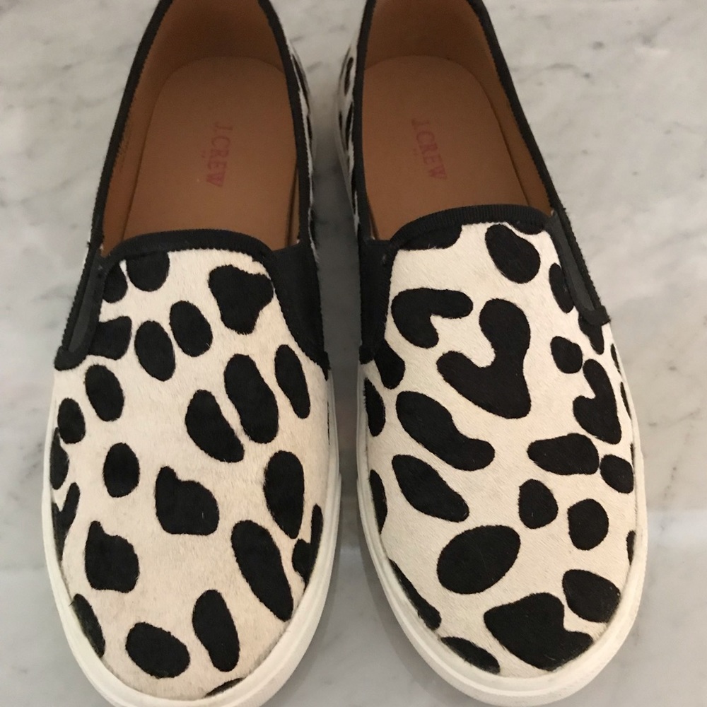 JCrew calf hair slip on sneakers.